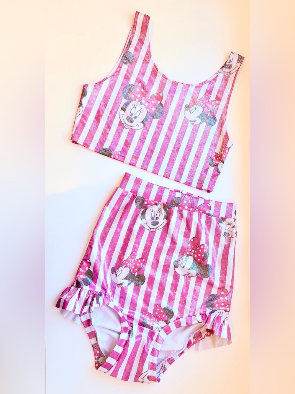 Wild Rich Kids Iridescent Pink Stripe Minnie Swimsuit Bikini Retro Girl Sz 11-12